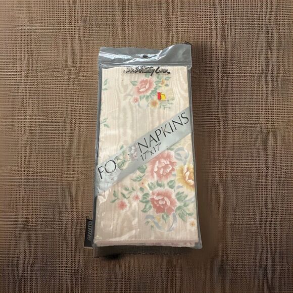 Vintage Floral Cloth Linen Napkins 17x17 Pink Yellow Cottagecore Set of 4 - Picture 7 of 9